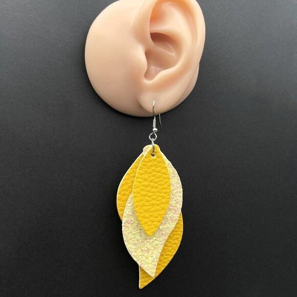 Yellow Faux Leather with Sequin Layered Leaf 316L Stainless Steel Hook Earrings - Picture 9 of 10